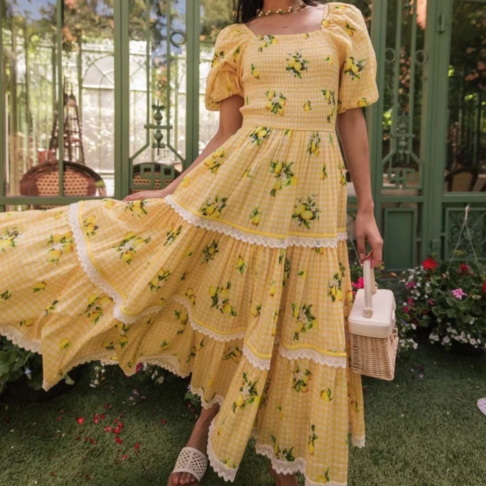 Women’s Yellow Lemon-Print Tiered Maxi Dress